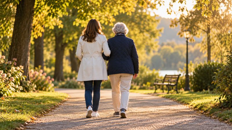 Senior idący pod rękę z bliską osobą w parku